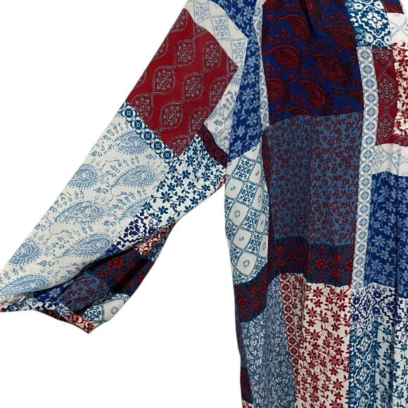 Zac & Rachel Womens Top Size Large Red White Blue Sheer Chiffon Floral Geometric - Picture 6 of 9